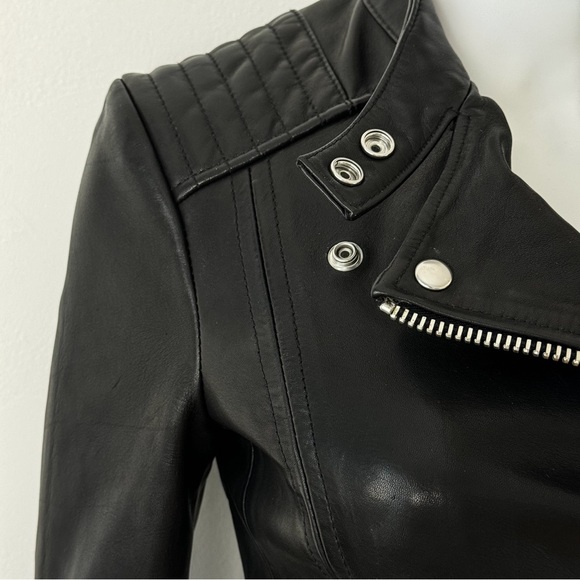 AllSaints Bircham Biker Leather Jacket Size 2 Black with Silver Hardware - Picture 6 of 15